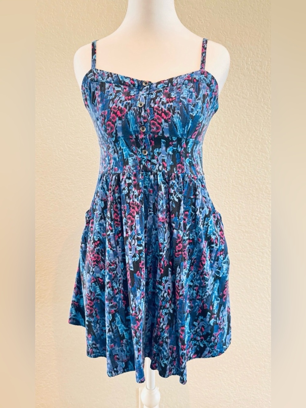 Express Blue Floral Fit & Flare Mini Dress w/ Pockets Smocked Back - Size S
